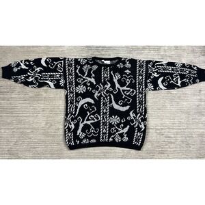 Knit Maven Sweater Womens L Black Geometric Longsleeve Acrylic Made in USA 90s